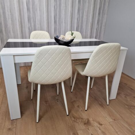 Dining Table and 4 Chairs White Black Wood 4 Leather Cream Chairs Dining Room (1/5)
