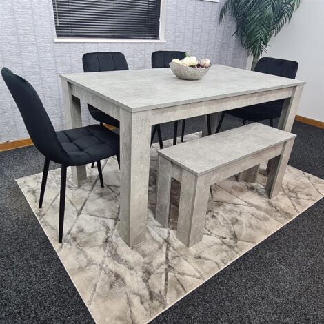Dining Table and 4 Chairs With Bench Stone Grey Effect Wood Table 4 Black Velvet  Chairs Dining Room (1/5)