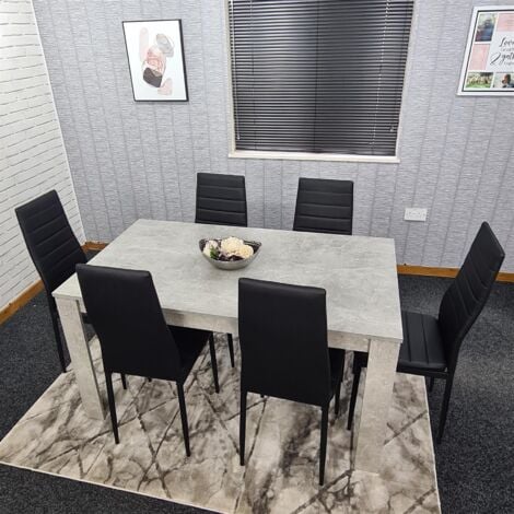 Dining Table and 6 Chairs Stone Grey Effect Wood Table 6 Black Leather Chairs Dining Room