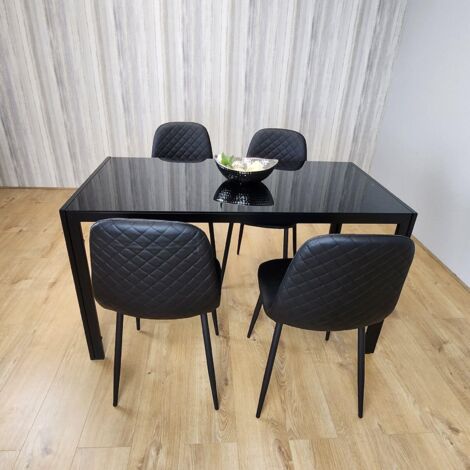 Dining Table and 4 Chairs Black Glass 4 Leather Chairs Dining Room Furniture (1/5)