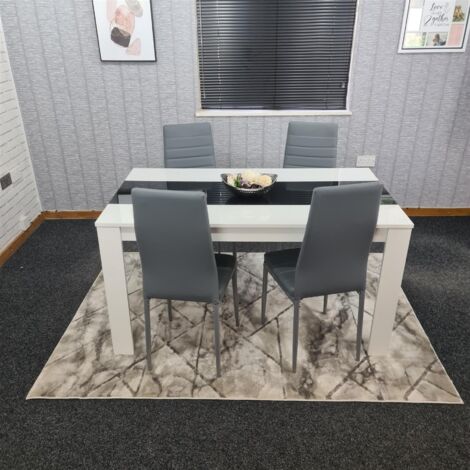 Dining Table and 4 Chairs White Black Wood 4 Leather Grey Chairs Dining Room (1/5)