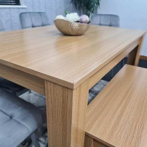 Dining Table and 4 Chairs With Bench Oak Effect Wood 4 Grey Velvet ...