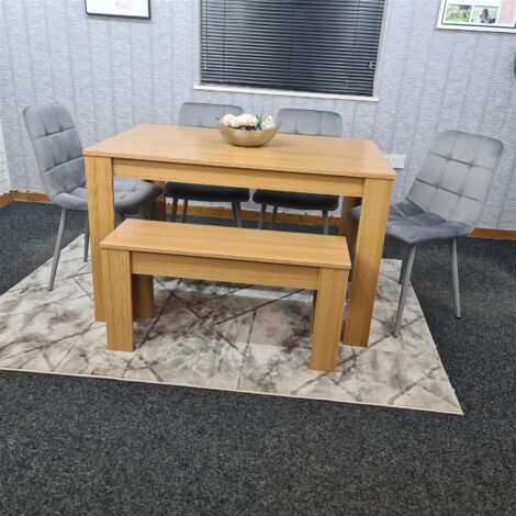 Dining Table and 4 Chairs With Bench Oak Effect Wood 4 Grey Velvet ...