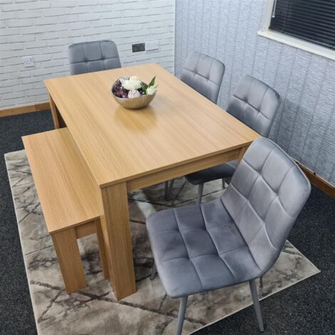 Dining Table and 4 Chairs With Bench Oak Effect Wood 4 Grey Velvet ...