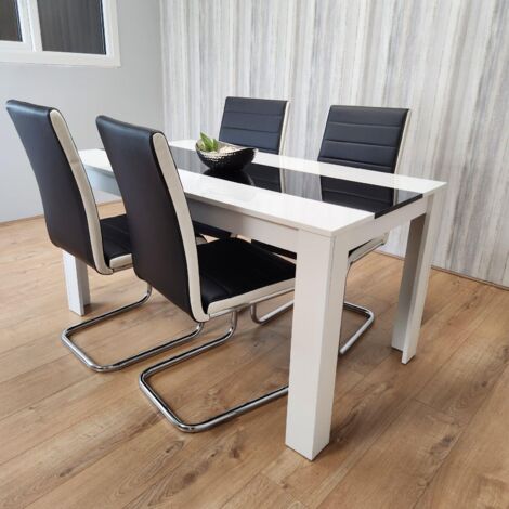 Dining Table and 4 Chairs White Black  Wood 4 Leather White Black Chairs Dining Room