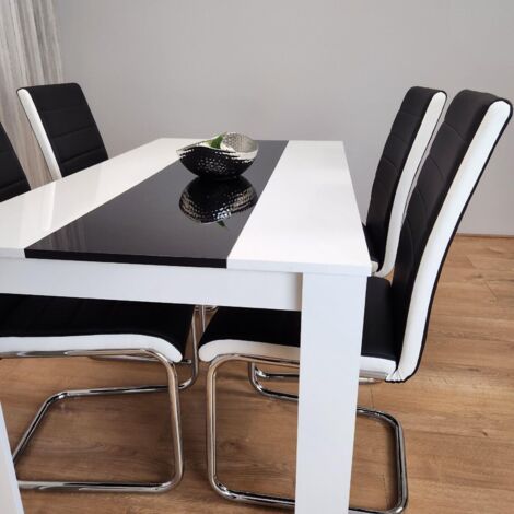 Dining Table and 4 Chairs White Black Wood 4 Leather White Black Chairs ...