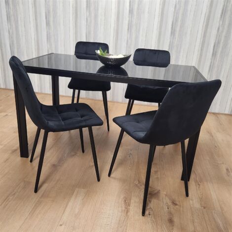 Dining Table and 4 Chairs Black Glass 4 Velvet Chairs  Dining Room Furniture