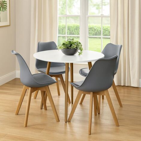 Dining Table and 4 Chairs White Round Wood Table 4 Grey Plastic Leather Chairs Dining Room Furniture (1/5)
