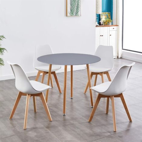 Dining Table and 4 Chairs  Grey Round Wood Table 4 White Plastic Leather Chairs Dining Room Furniture (1/4)