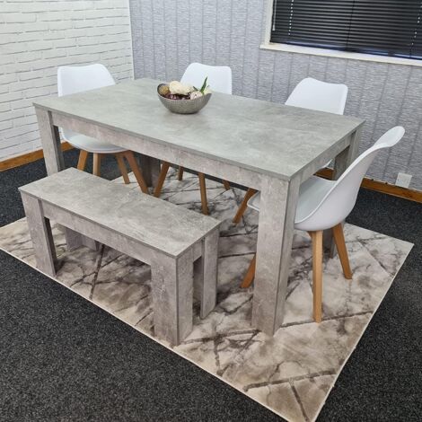 Dining Table and 4 Chairs With Bench Stone Grey Effect Wood Table 4 White Plastic Leather Chairs Dining Room (1/5)