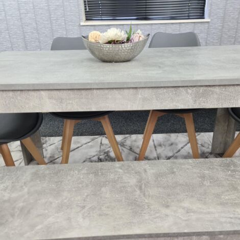 Dining Table and 4 Chairs With Bench Stone Grey Effect Wood Table 4 Grey Plastic Leather Chairs Dining Room (1/5)
