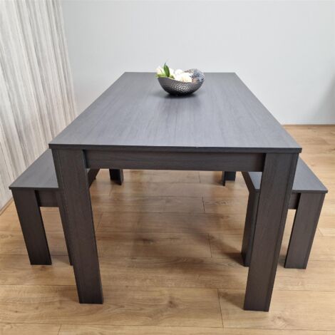 Dining Table and 2 Benches Black Dark Grey 2 Grey Wooden Benches Wood Dining Set Furniture (1/5)