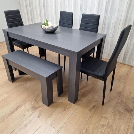Dining Table and 4 Chairs With a Bench Black Dark Grey 4 Black Leather Chairs 1 Grey Bench Wood Dining Set Furniture (1/5)