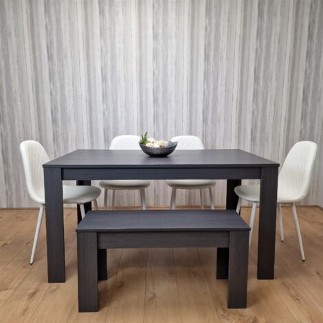 Dining Table and 4 Chairs With Bench Black Dark Grey 4 White Leather Wooden Bench Chairs Wood Dining Set Furniture (1/5)