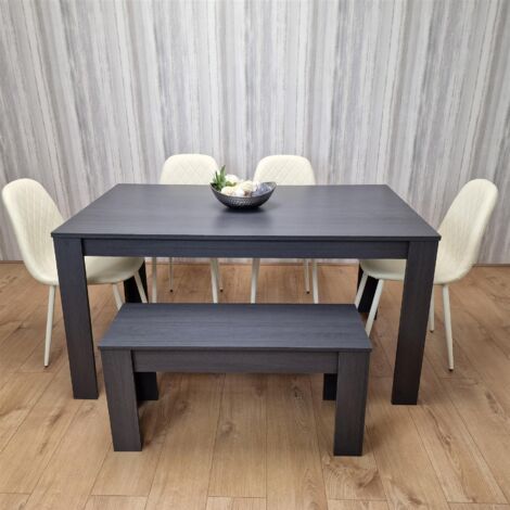 Dining Table and 4 Chairs With Bench Black Dark Grey 4 Leather Cream Chairs Wooden Bench Wood Dining Set Furniture (1/5)