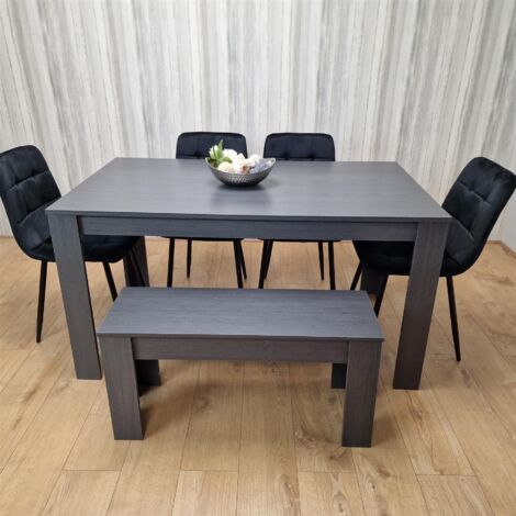 Dining Table and 4 Chairs With Bench Black Dark Grey 4 Velvet Chairs Wooden Bench Wood Dining Set Furniture (1/5)