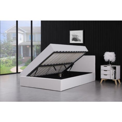 Ottoman Bed Gas Lift Storage Leather White 4ft Small Double Pine Wood Bedroom