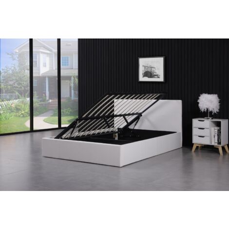 Ottoman Bed Gas Lift Storage Leather White 4ft Small Double Pine Wood Bedroom