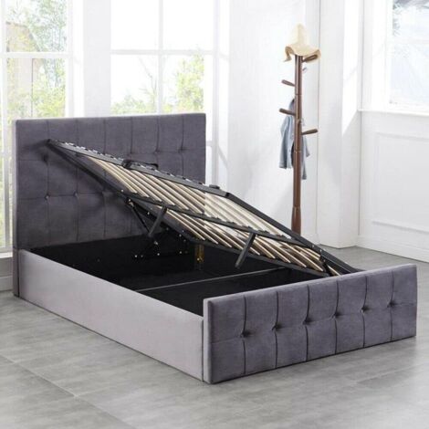 Ottoman Bed Gas Lift Storage Grey 3ft Single Velvet Cushioned Bedroom