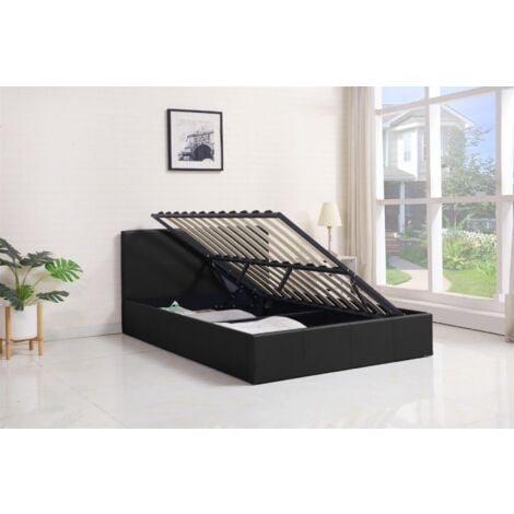 Ottoman Bed Gas Lift Storage Leather Black 4ft Small Double Pine Wood Bedroom