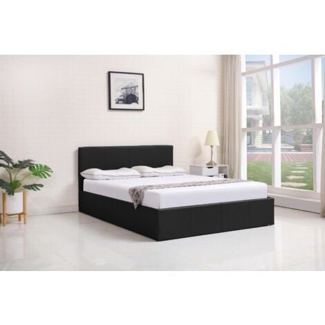 Ottoman Bed Gas Lift Storage Leather Black 4ft Small Double Pine Wood Bedroom