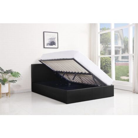 Ottoman Bed Gas Lift Storage Leather Black 4ft Small Double Pine Wood Bedroom