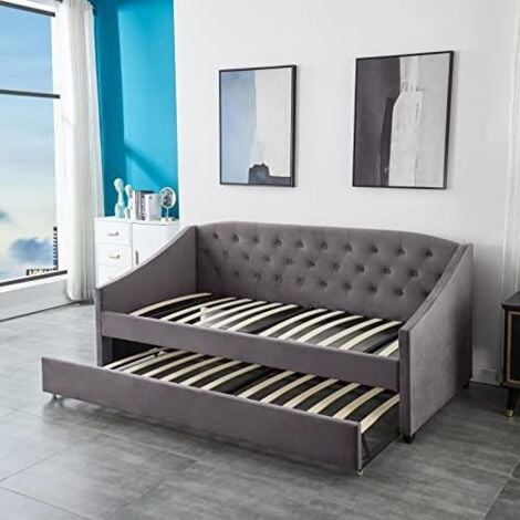 Daybed with Trundle Grey 3ft with 2 Mattresses Twin Velvet Tufted Wooden with 2 Mattresses Bedroom Living Room