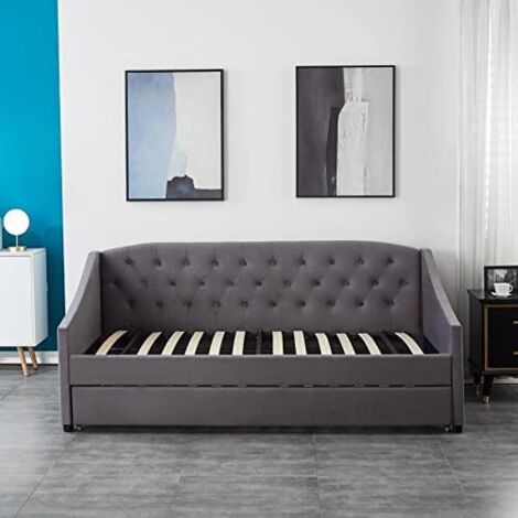 Daybed with Trundle Grey 3ft with 2 Mattresses Twin Velvet Tufted Wooden with 2 Mattresses Bedroom Living Room