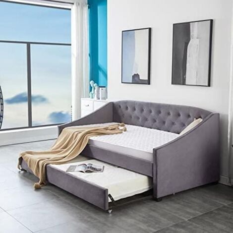 Daybed with Trundle Grey 3ft with 2 Mattresses Twin Velvet Tufted Wooden with 2 Mattresses Bedroom Living Room
