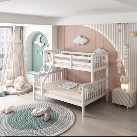 Bunk Bed Kids White 3ft Single Upper and 4ft6 Double Bottom Bunk Beds Wooden Pine Children Bedroom