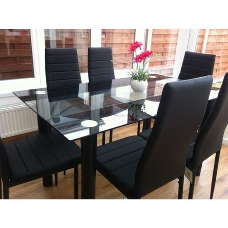 Dining Table and 6 Chairs Black Clear Glass 6 Leather Black Chairs ...