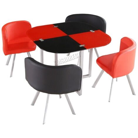 Dining Table and 4 Chairs Space Saver Glass Red  and Black Square Table 4 Leather Chairs Dining Room