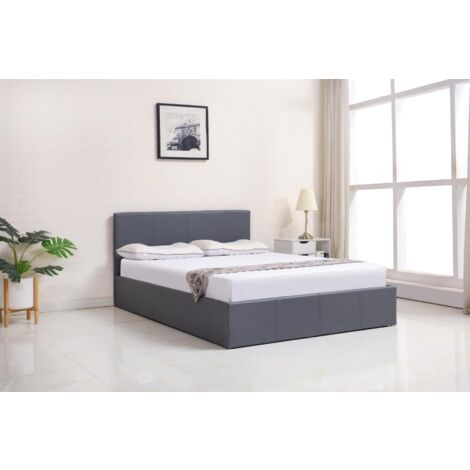 Ottoman Bed Gas Lift Storage Leather Grey 3ft Single with 1 Mattress Pine Wood Bedroom (1/5)