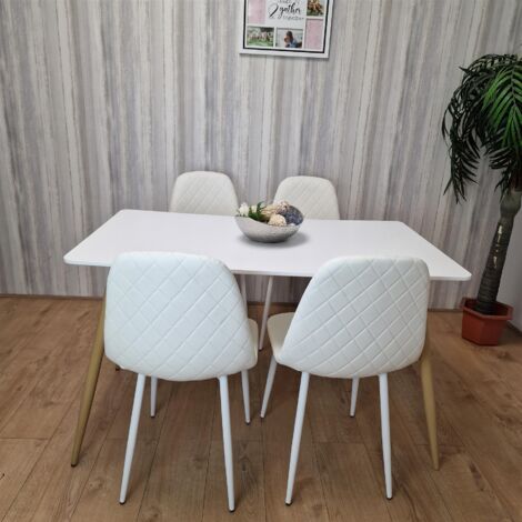 Modern rectangle white dining table set with 4 padded chairs – Durable MDF tabletop – Metal legs with oak-effect finish – Easy assembly – Kosy Koala (1/5)