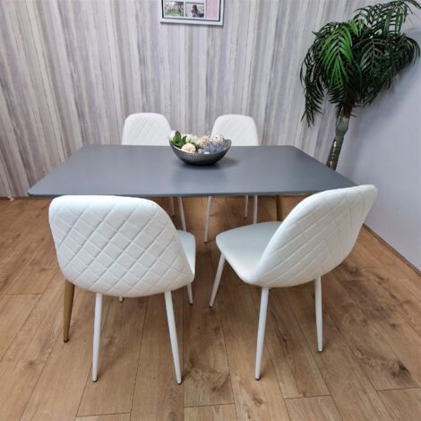 Dining Table Set of 4 Wooden Grey Table with 4 White Gem Patterend Chairs (1/5)