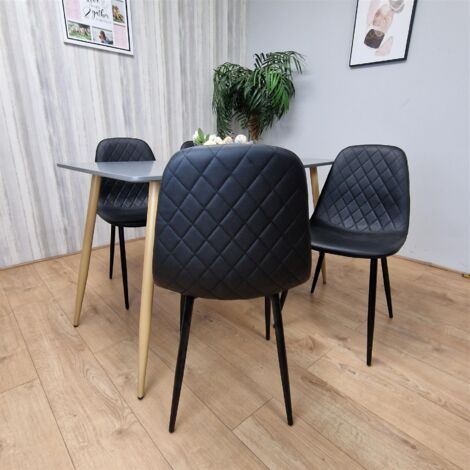 Dining Table Set of 4 Wooden Grey Table with 4 Black Gem Patterend Chairs (1/5)