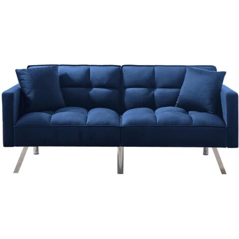 Sofa Bed 2 Seater Blue Velvet Click Clack Sofa Settee Recliner Couch with Metal Legs 2 Pillows