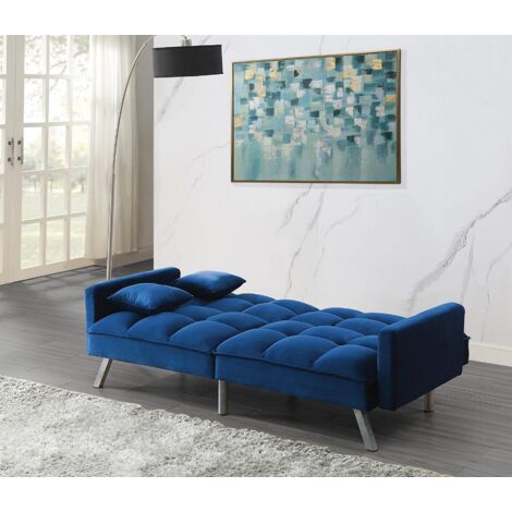 Sofa Bed 2 Seater Blue Velvet Click Clack Sofa Settee Recliner Couch with Metal Legs 2 Pillows