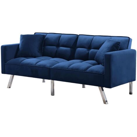 Sofa Bed 2 Seater Blue Velvet Click Clack Sofa Settee Recliner Couch with Metal Legs 2 Pillows