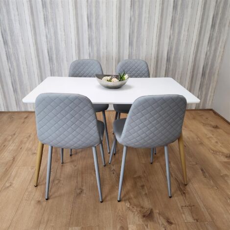 Wooden Dining Table with 4 Grey Gem Patterned Chairs White Table with Grey Chairs (1/5)