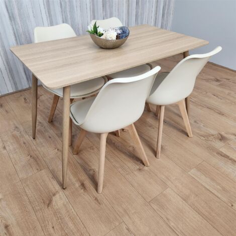 Dining Table and 4 Chairs Wood Effect 4 Cream Plastic Leather Chairs Dining Set (1/5)