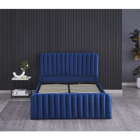 Ottoman Gas Lift Storage Bed 4ft Small Double with 1 Mattress Blue Velvet Bedroom
