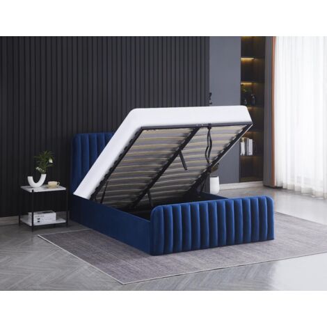 Ottoman Gas Lift Storage Bed 4ft6 Double with 1 Mattress Blue Velvet Bedroom