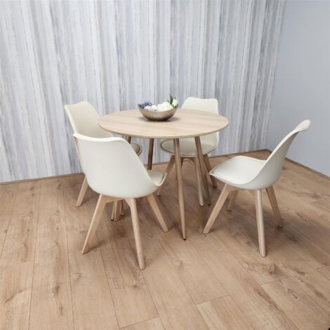 Dining Table and 4 Chairs Round Wood Effect 4 Cream Leather Plastic Chairs Dining Set