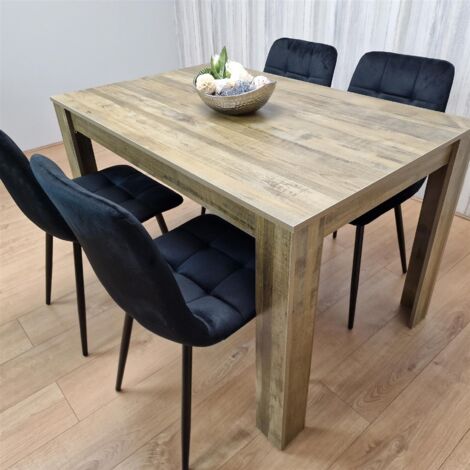 Dining Table and 4 Chairs Rustic Effect Wood Table 4 Black Velvet Chairs Dining Room (1/5)