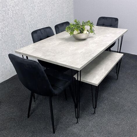 Grey Dining Table with Hairpin Legs, Bench & 4 Black Velvet Chairs Set for Kitchen & Dining Room (1/5)