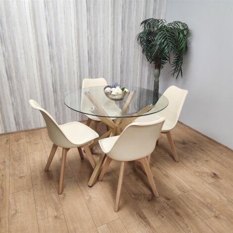 Dining Table Set with 4 Chairs Round Wood Effect Legs 4 Plastic Cream Chairs Dining Room (1/5)