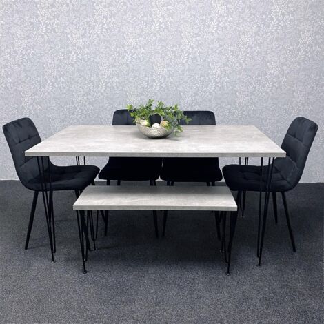 Grey Dining Table with Hairpin Legs, Bench & 4 Black Velvet Chairs Set for Kitchen & Dining Room (1/5)