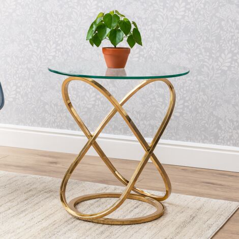 Gold End Table with Glass Top and Chrome Legs, Modern Round Side Table for Living Room or Bedroom (1/5)