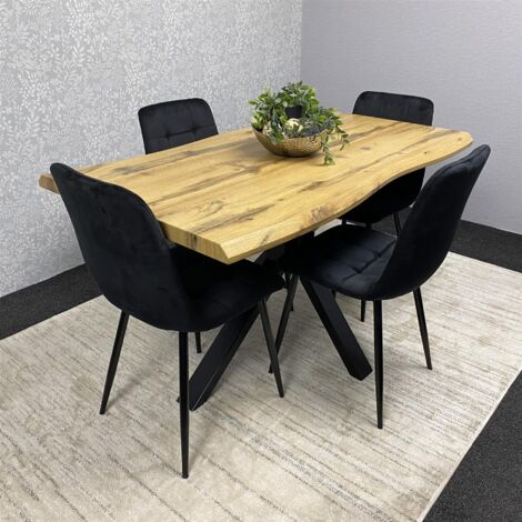 Wooden Brown Dining Table with 4 Black Velvet Chairs, Stylish Dining Room Furniture